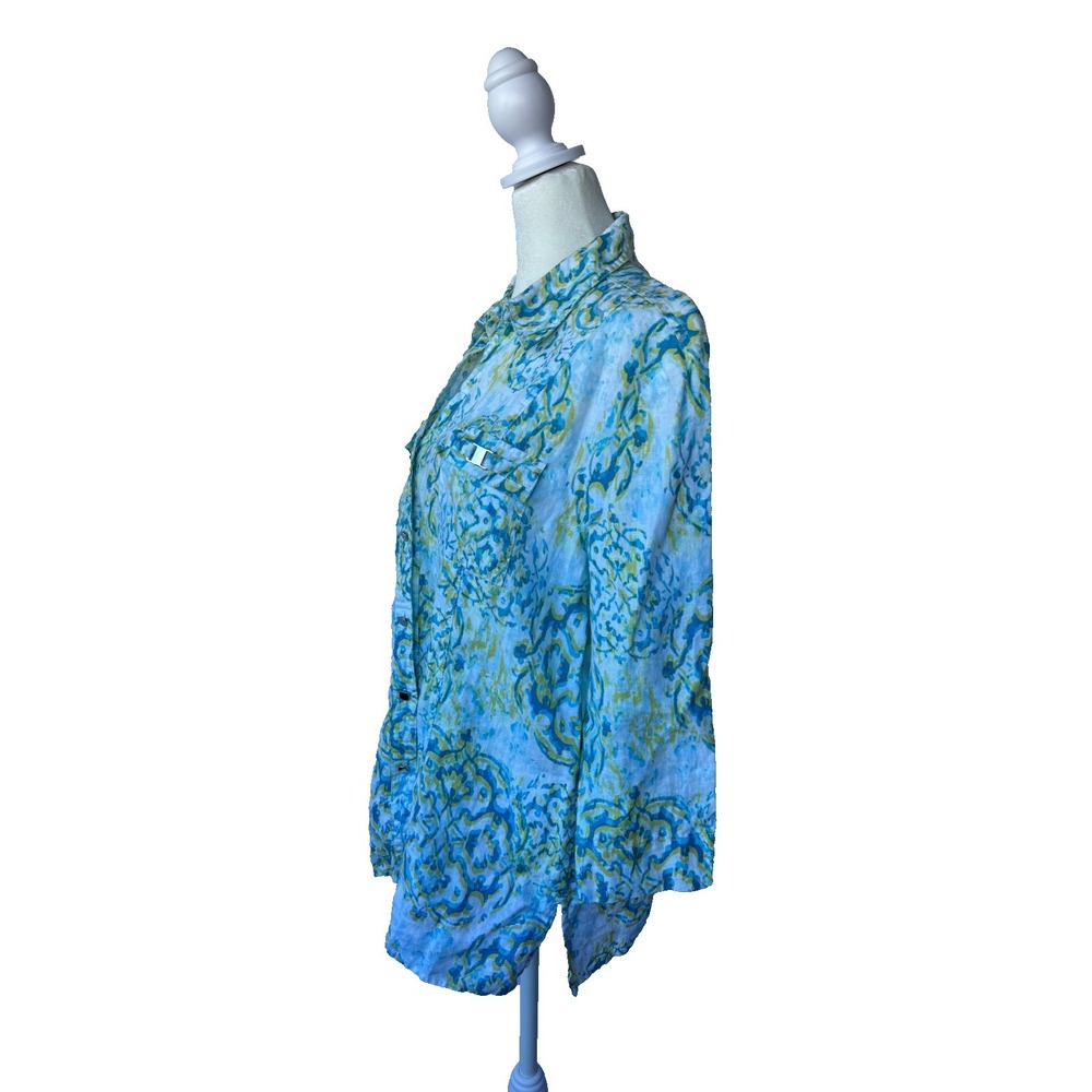 JM Collection Linen Button Up Womens Size 14 Blue Yellow Paisley Floral Coastal - Picture 2 of 11
